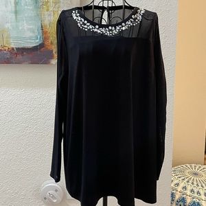 Black embellished top with sheer neck and sleeves